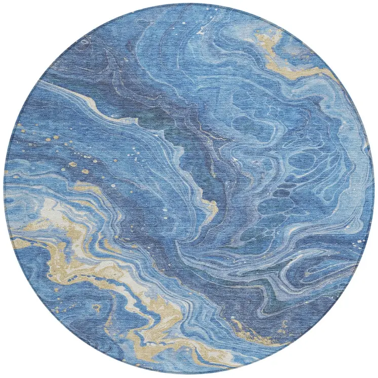8' Blue Gold And Ivory Round Abstract Washable Indoor Outdoor Area Rug