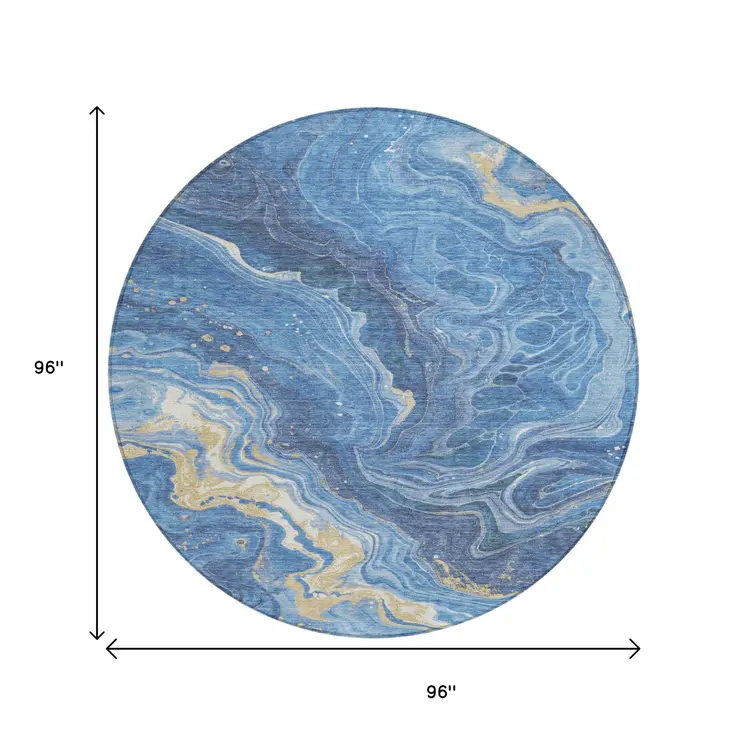 8' Blue Gold And Ivory Round Abstract Washable Indoor Outdoor Area Rug