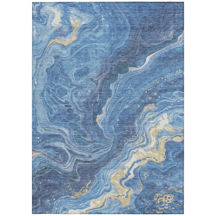 10' X 14' Blue Gold And Ivory Abstract Washable Indoor Outdoor Area Rug