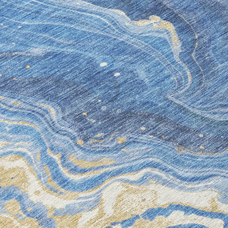 10' X 14' Blue Gold And Ivory Abstract Washable Indoor Outdoor Area Rug