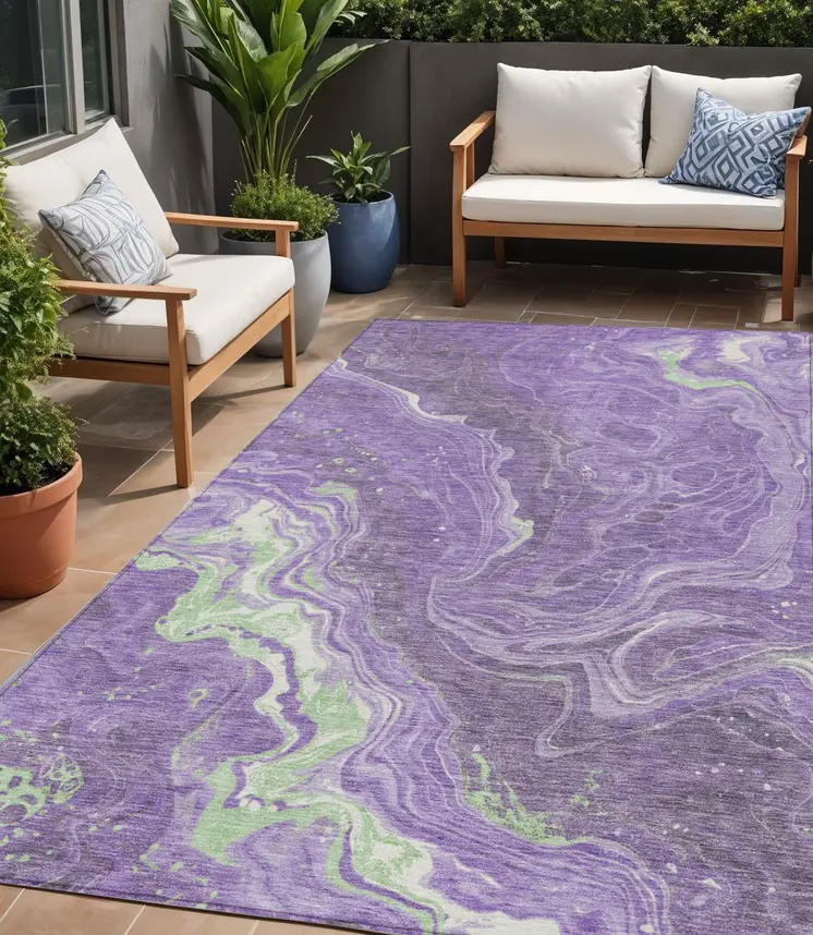 5' X 8' Purple Mint Green And Ivory Abstract Washable Indoor Outdoor Area Rug