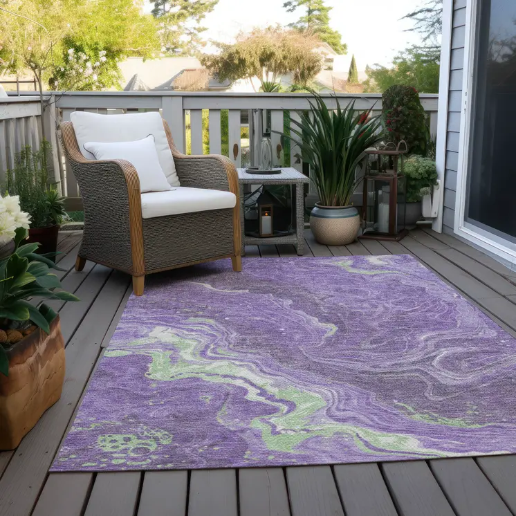 5' X 8' Purple Mint Green And Ivory Abstract Washable Indoor Outdoor Area Rug
