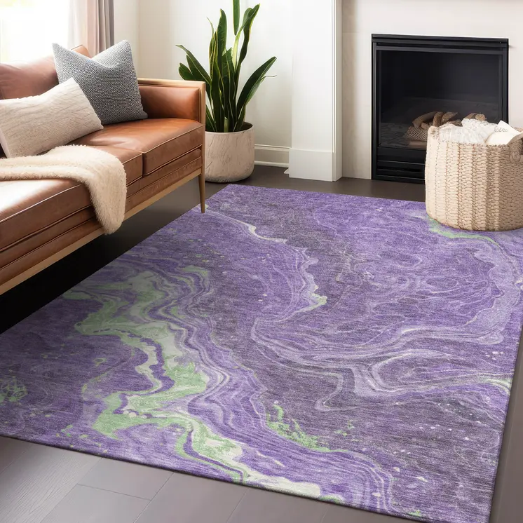 5' X 8' Purple Mint Green And Ivory Abstract Washable Indoor Outdoor Area Rug