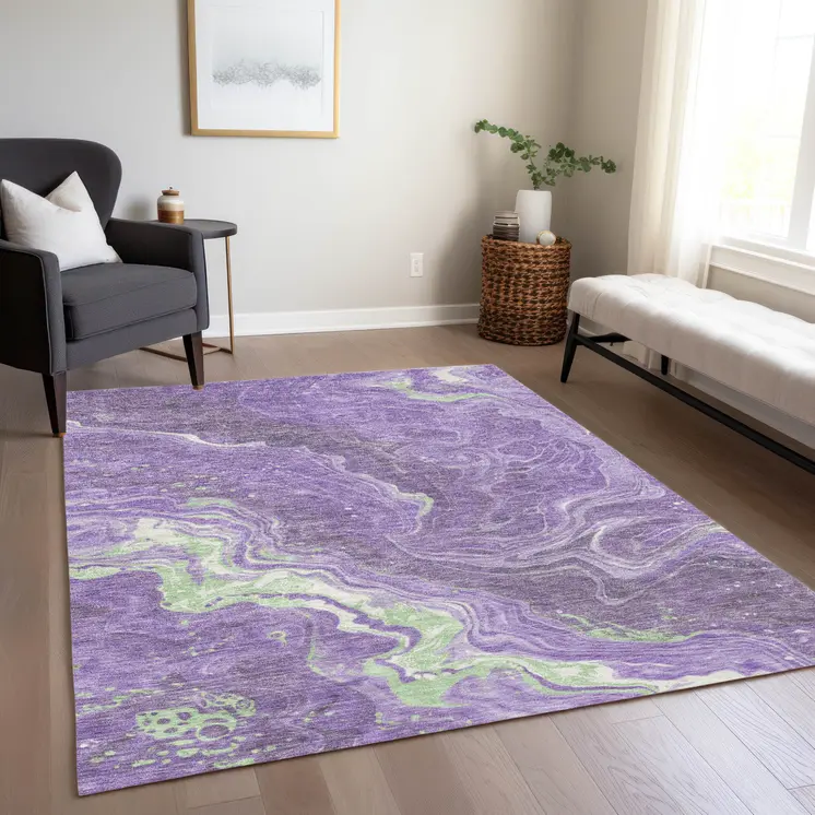 5' X 8' Purple Mint Green And Ivory Abstract Washable Indoor Outdoor Area Rug