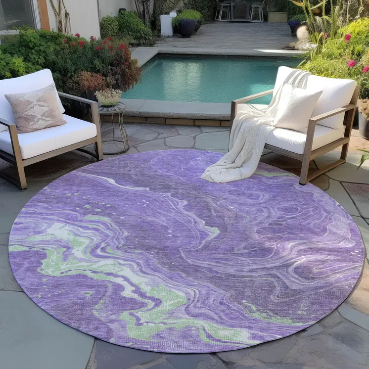 8' Purple Mint Green And Ivory Round Abstract Washable Indoor Outdoor Area Rug