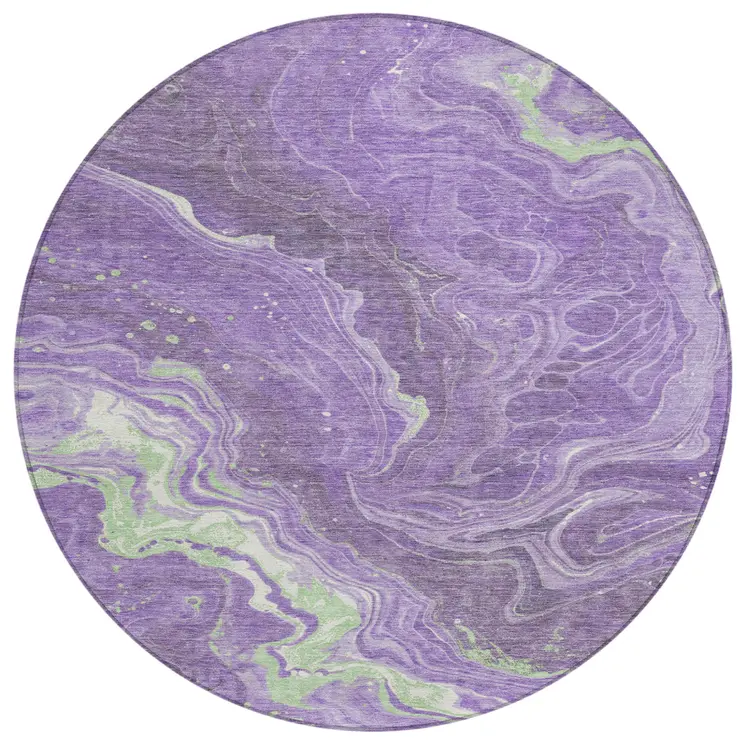 8' Purple Mint Green And Ivory Round Abstract Washable Indoor Outdoor Area Rug