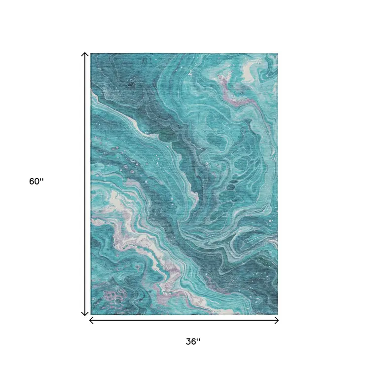 3' X 5' Teal Blue Gray And Ivory Abstract Washable Indoor Outdoor Area Rug