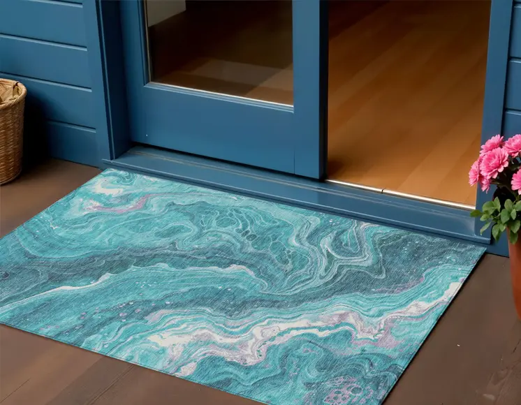 3' X 5' Teal Blue Gray And Ivory Abstract Washable Indoor Outdoor Area Rug