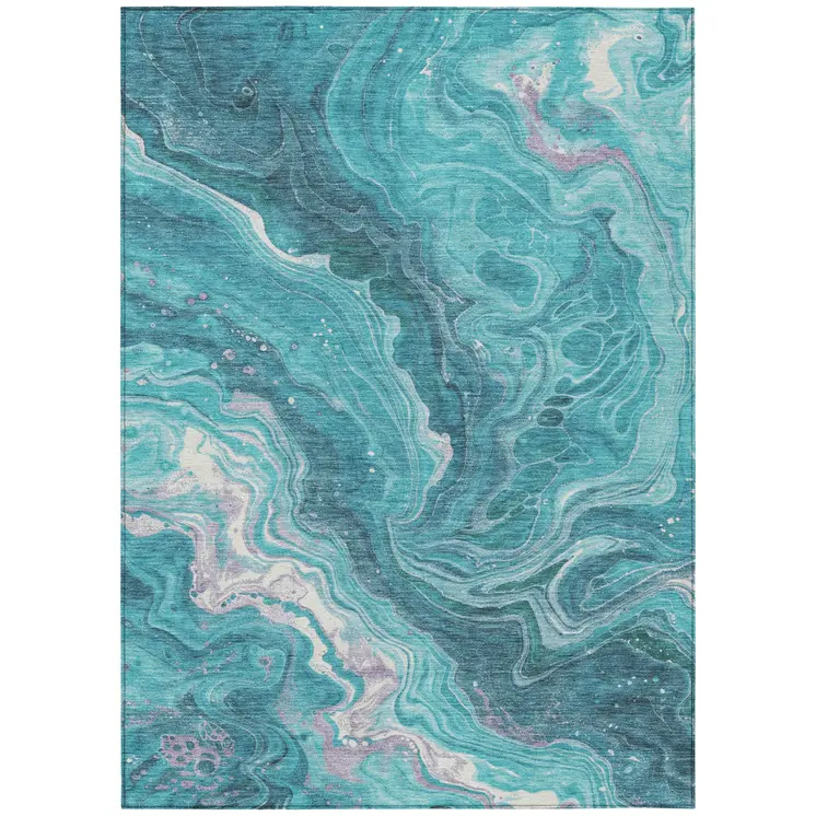 3' X 5' Teal Blue Gray And Ivory Abstract Washable Indoor Outdoor Area Rug