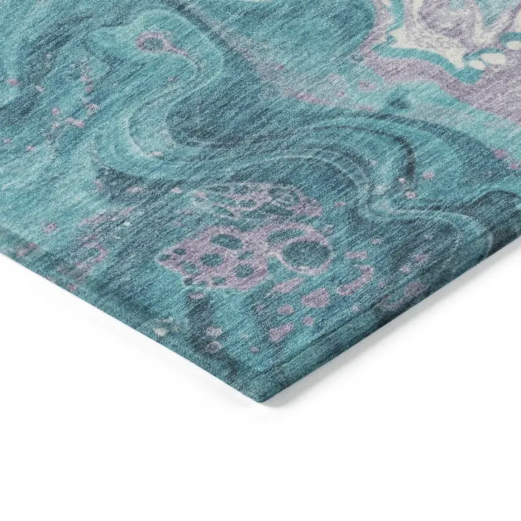 3' X 5' Teal Blue Gray And Ivory Abstract Washable Indoor Outdoor Area Rug