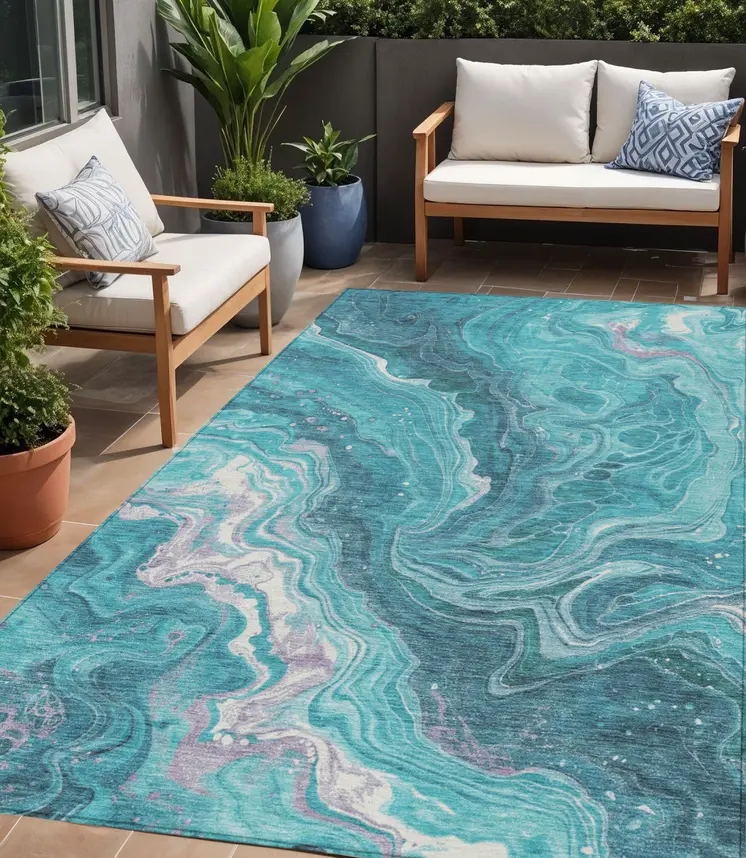 5' X 8' Teal Blue Gray And Ivory Abstract Washable Indoor Outdoor Area Rug