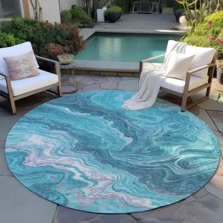 8' Teal Blue Gray And Ivory Round Abstract Washable Indoor Outdoor Area Rug