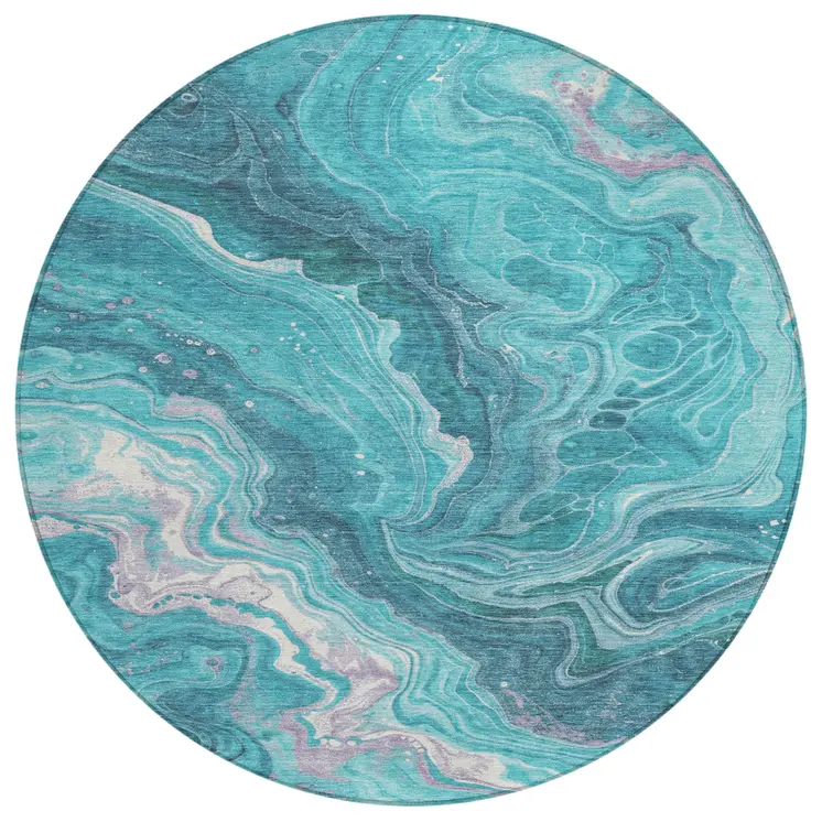 8' Teal Blue Gray And Ivory Round Abstract Washable Indoor Outdoor Area Rug