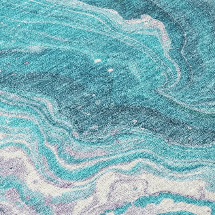8' Teal Blue Gray And Ivory Round Abstract Washable Indoor Outdoor Area Rug