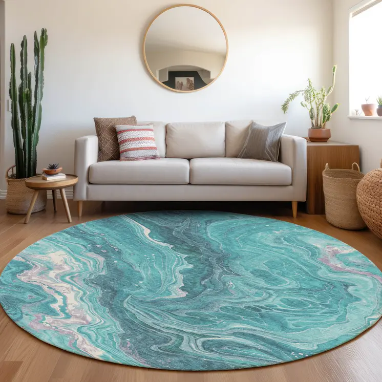 8' Teal Blue Gray And Ivory Round Abstract Washable Indoor Outdoor Area Rug
