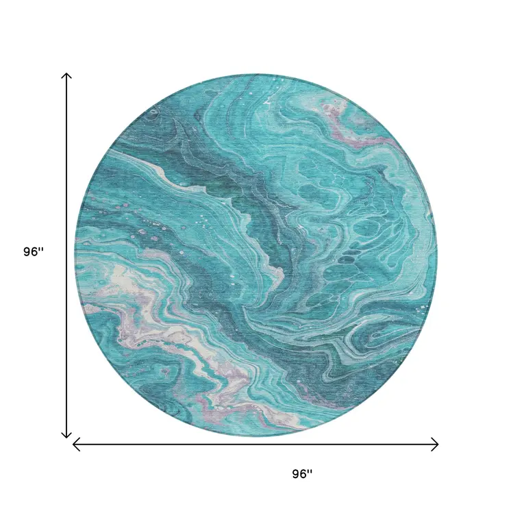 8' Teal Blue Gray And Ivory Round Abstract Washable Indoor Outdoor Area Rug