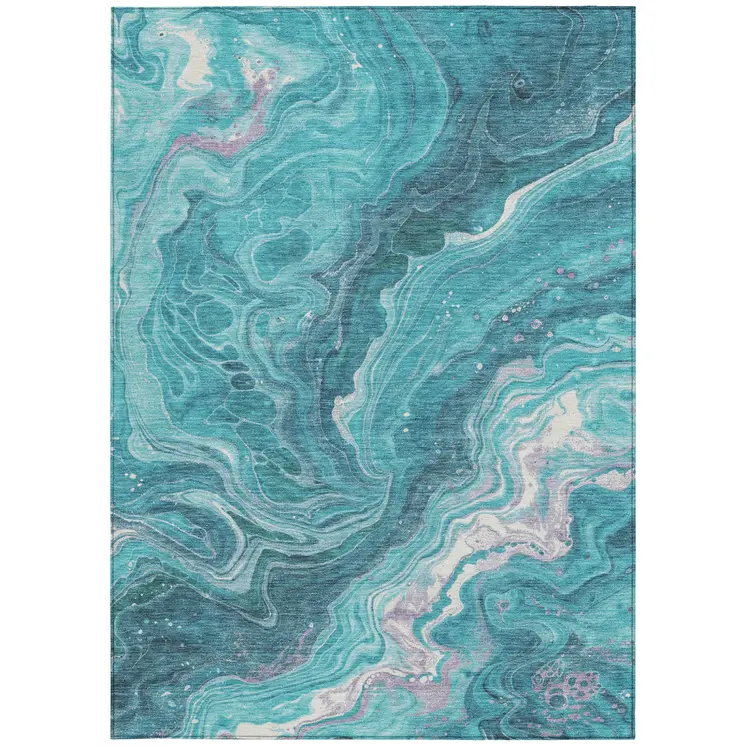 8' X 10' Teal Blue Gray And Ivory Abstract Washable Indoor Outdoor Area Rug