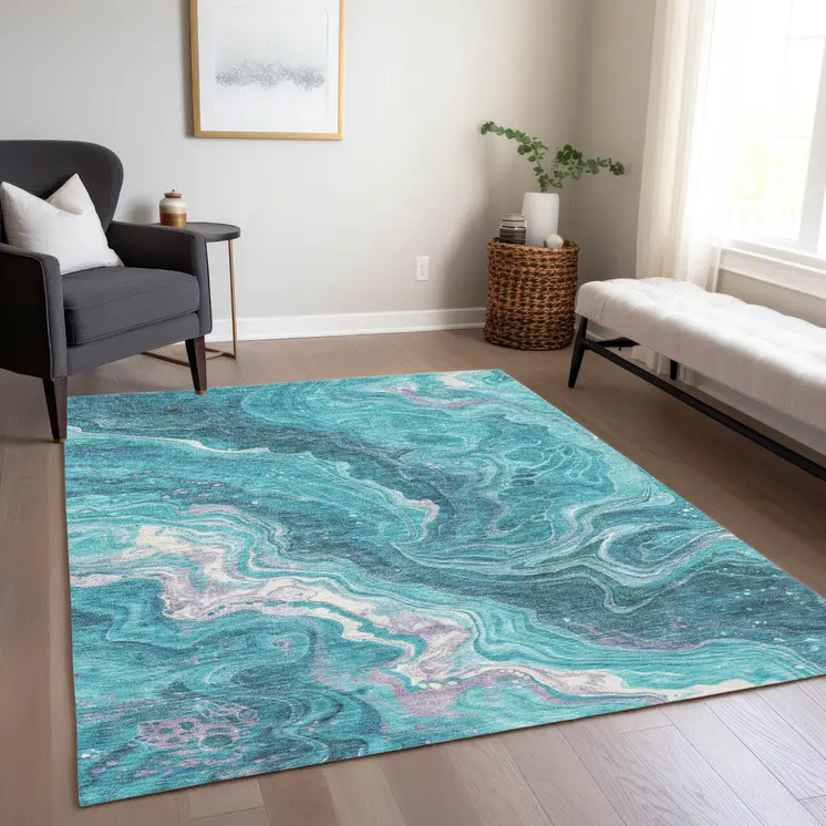 9' X 12' Teal Blue Gray And Ivory Abstract Washable Indoor Outdoor Area Rug