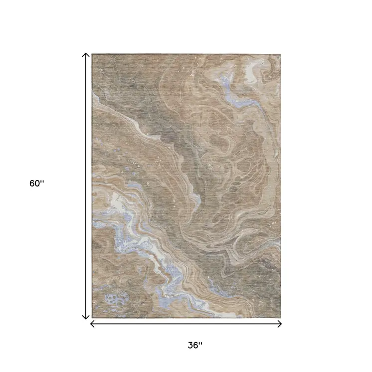 3' X 5' Taupe Blue And Ivory Abstract Washable Indoor Outdoor Area Rug