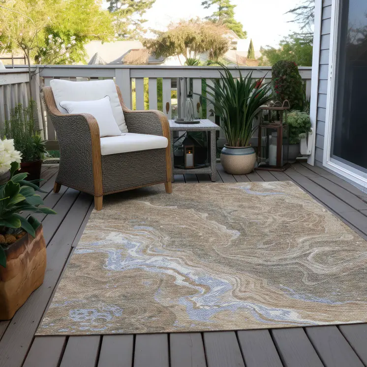 3' X 5' Taupe Blue And Ivory Abstract Washable Indoor Outdoor Area Rug