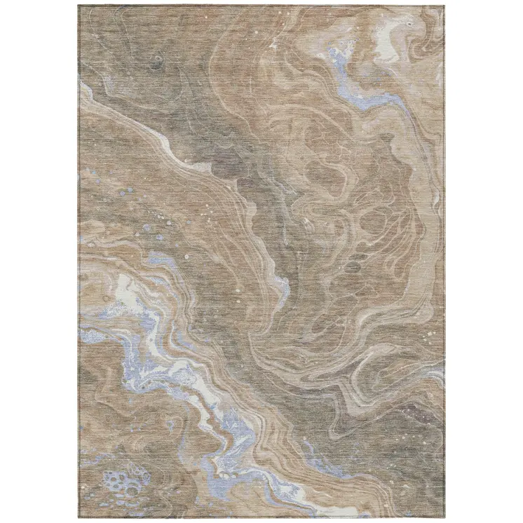 3' X 5' Taupe Blue And Ivory Abstract Washable Indoor Outdoor Area Rug