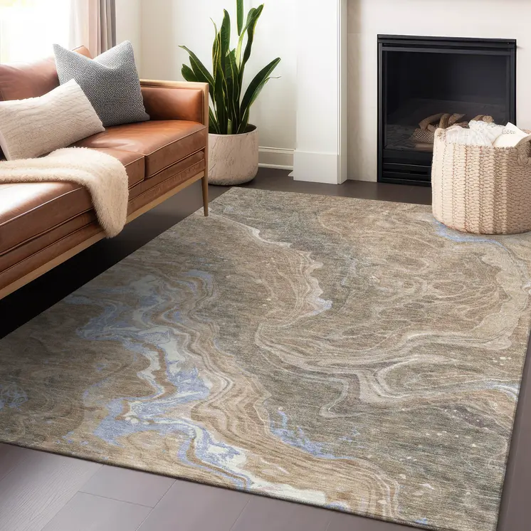 3' X 5' Taupe Blue And Ivory Abstract Washable Indoor Outdoor Area Rug