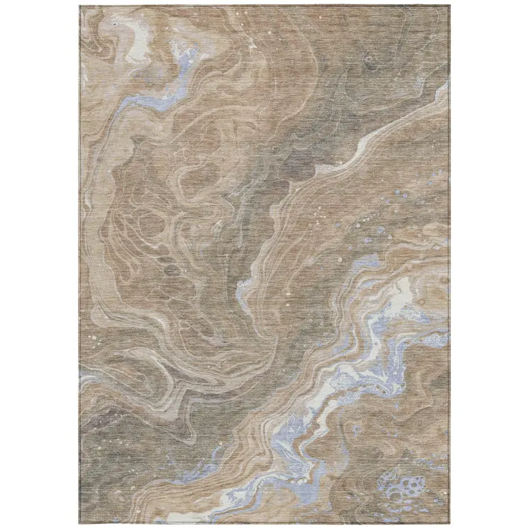 5' X 8' Taupe Blue And Ivory Abstract Washable Indoor Outdoor Area Rug