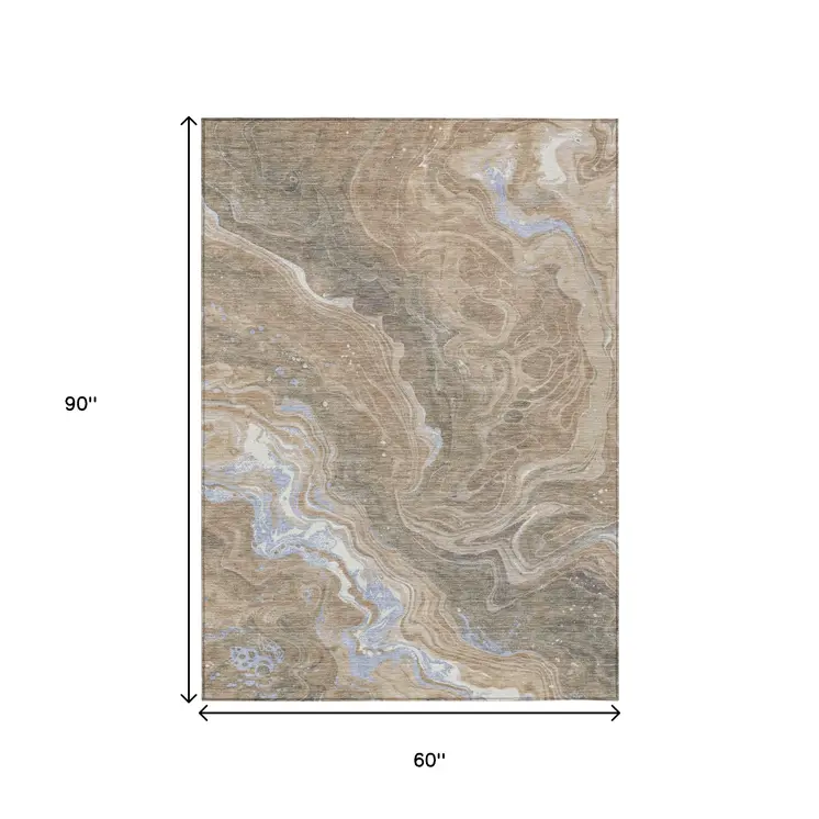 5' X 8' Taupe Blue And Ivory Abstract Washable Indoor Outdoor Area Rug