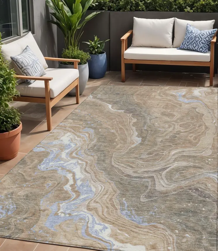 5' X 8' Taupe Blue And Ivory Abstract Washable Indoor Outdoor Area Rug