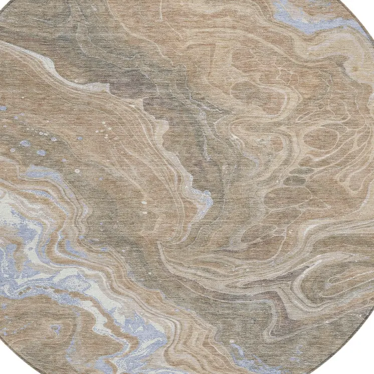 8' Taupe Blue And Ivory Round Abstract Washable Indoor Outdoor Area Rug