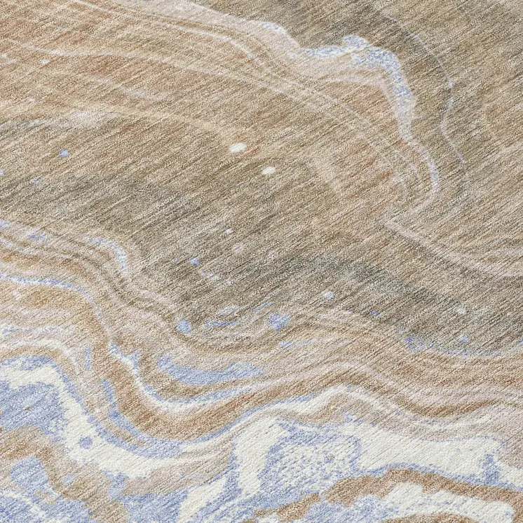8' Taupe Blue And Ivory Round Abstract Washable Indoor Outdoor Area Rug