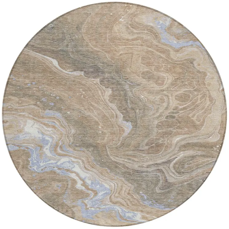 8' Taupe Blue And Ivory Round Abstract Washable Indoor Outdoor Area Rug