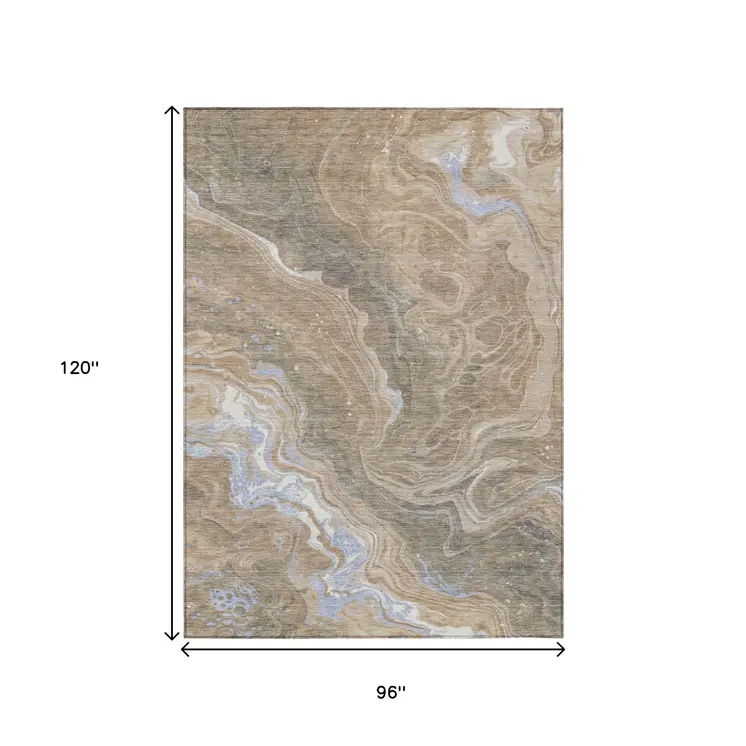 8' X 10' Taupe Blue And Ivory Abstract Washable Indoor Outdoor Area Rug