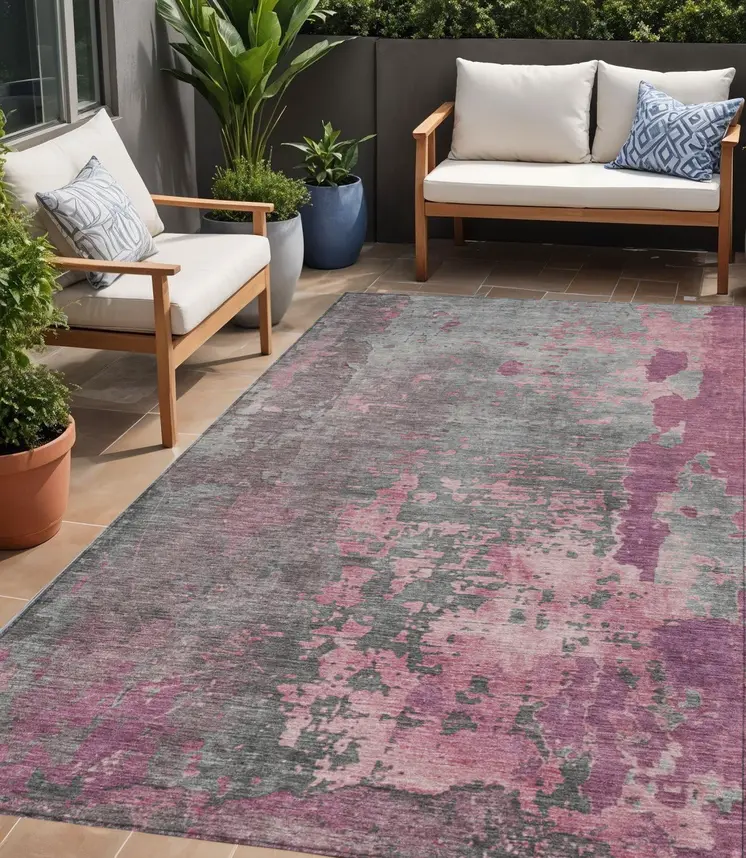 5' X 8' Blush Gray And Mauve Abstract Washable Indoor Outdoor Area Rug