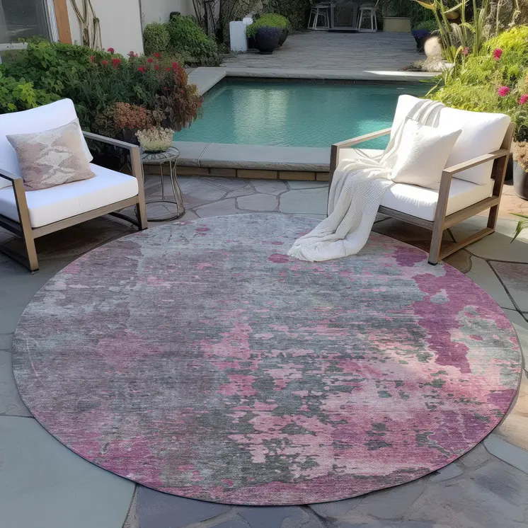 8' Blush Gray And Mauve Round Abstract Washable Indoor Outdoor Area Rug