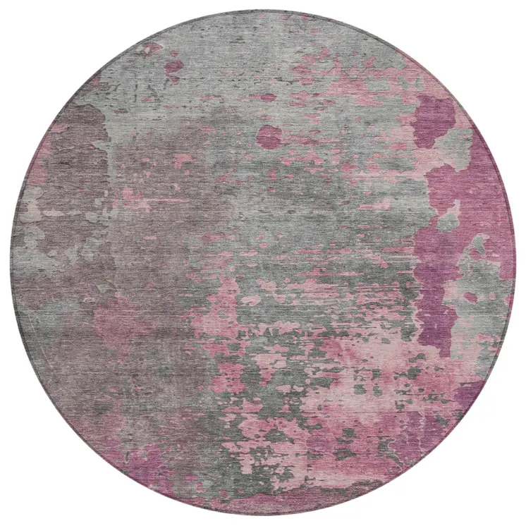 8' Blush Gray And Mauve Round Abstract Washable Indoor Outdoor Area Rug