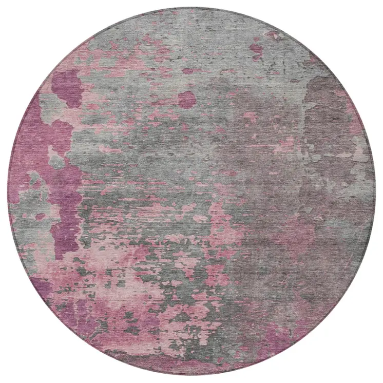8' Blush Gray And Mauve Round Abstract Washable Indoor Outdoor Area Rug