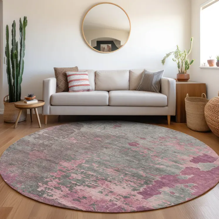 8' Blush Gray And Mauve Round Abstract Washable Indoor Outdoor Area Rug