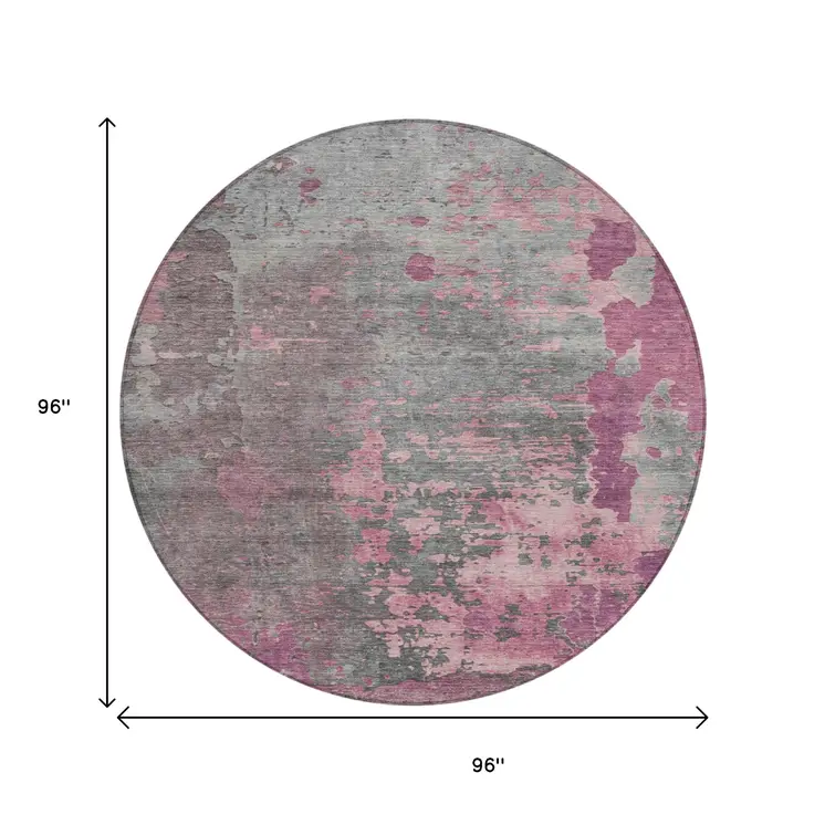 8' Blush Gray And Mauve Round Abstract Washable Indoor Outdoor Area Rug