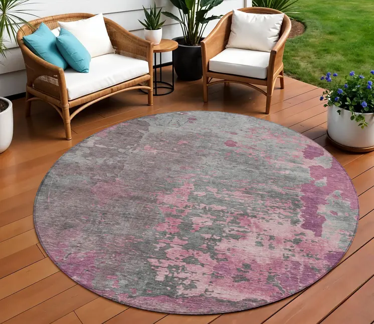 8' Blush Gray And Mauve Round Abstract Washable Indoor Outdoor Area Rug