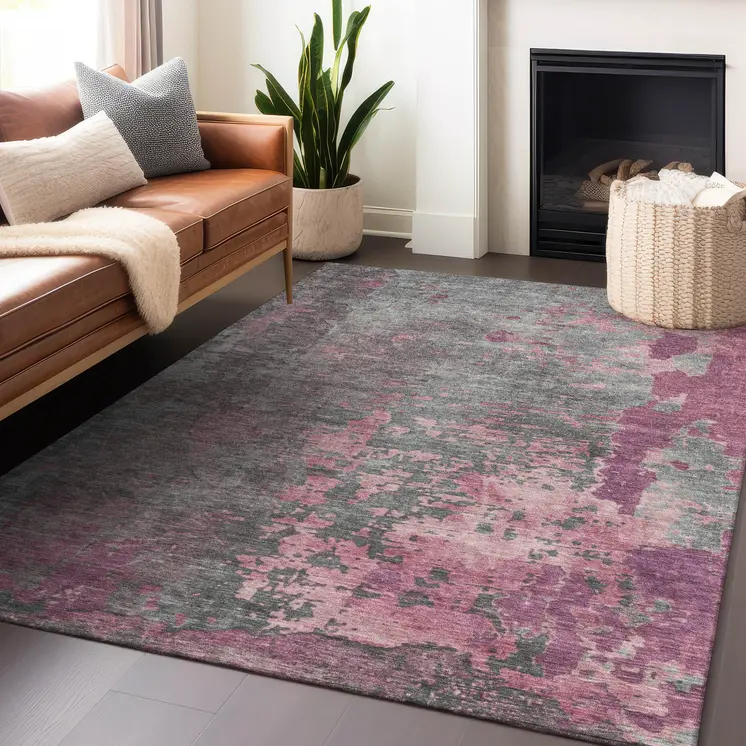 9' X 12' Blush Gray And Mauve Abstract Washable Indoor Outdoor Area Rug