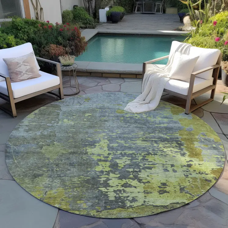 8' Fern Green Gray And Olive Green Round Abstract Washable Indoor Outdoor Area Rug