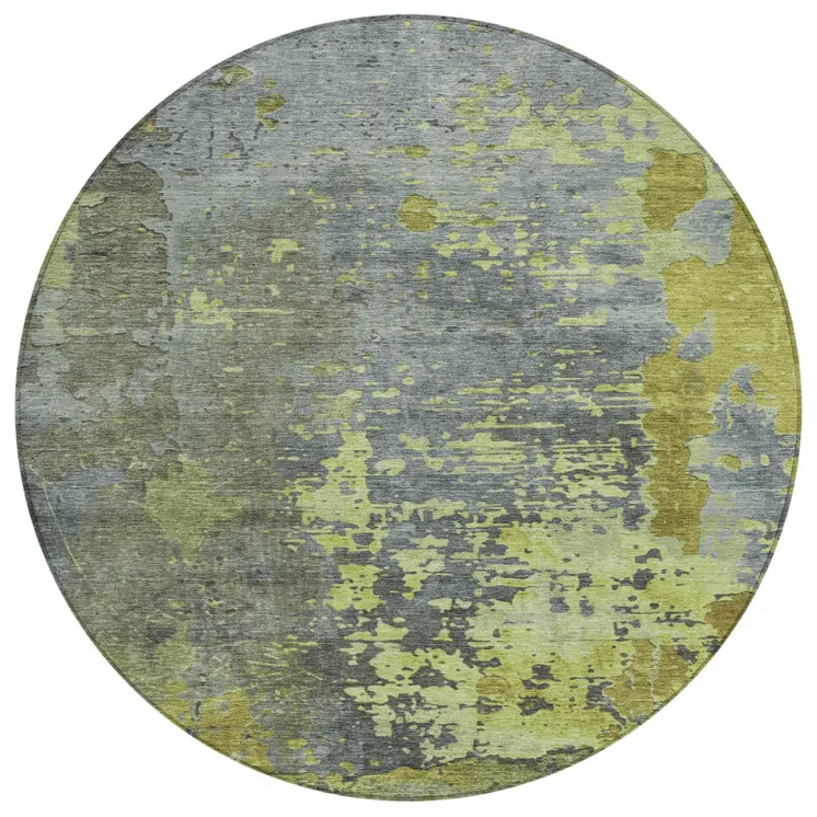 8' Fern Green Gray And Olive Green Round Abstract Washable Indoor Outdoor Area Rug