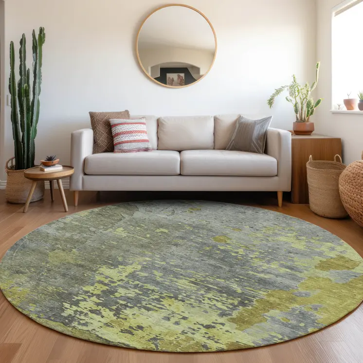 8' Fern Green Gray And Olive Green Round Abstract Washable Indoor Outdoor Area Rug