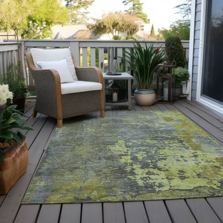 8' X 10' Fern Green Gray And Olive Green Abstract Washable Indoor Outdoor Area Rug