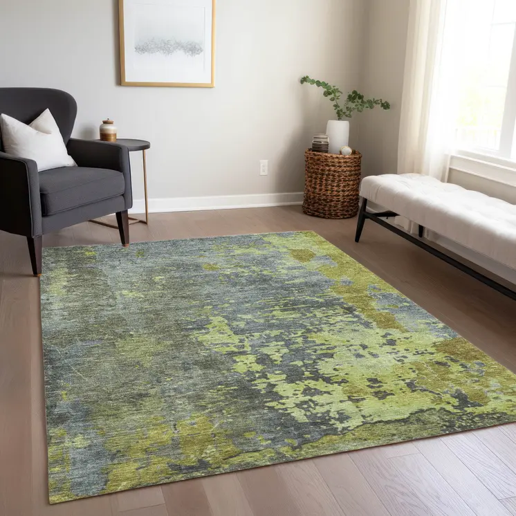 8' X 10' Fern Green Gray And Olive Green Abstract Washable Indoor Outdoor Area Rug