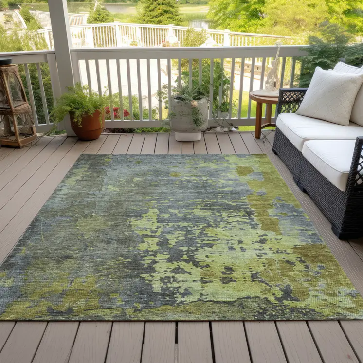 8' X 10' Fern Green Gray And Olive Green Abstract Washable Indoor Outdoor Area Rug