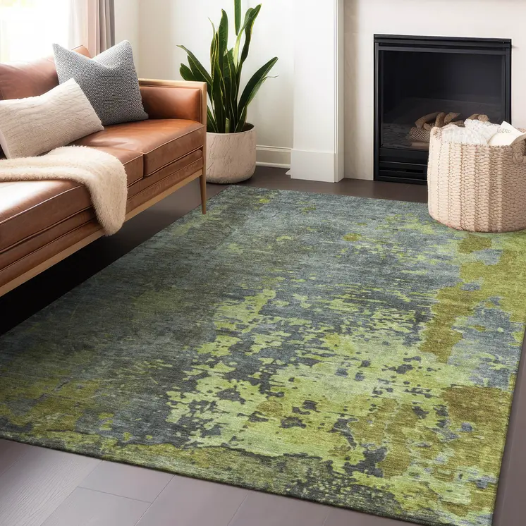 10' X 14' Fern Green Gray And Olive Green Abstract Washable Indoor Outdoor Area Rug