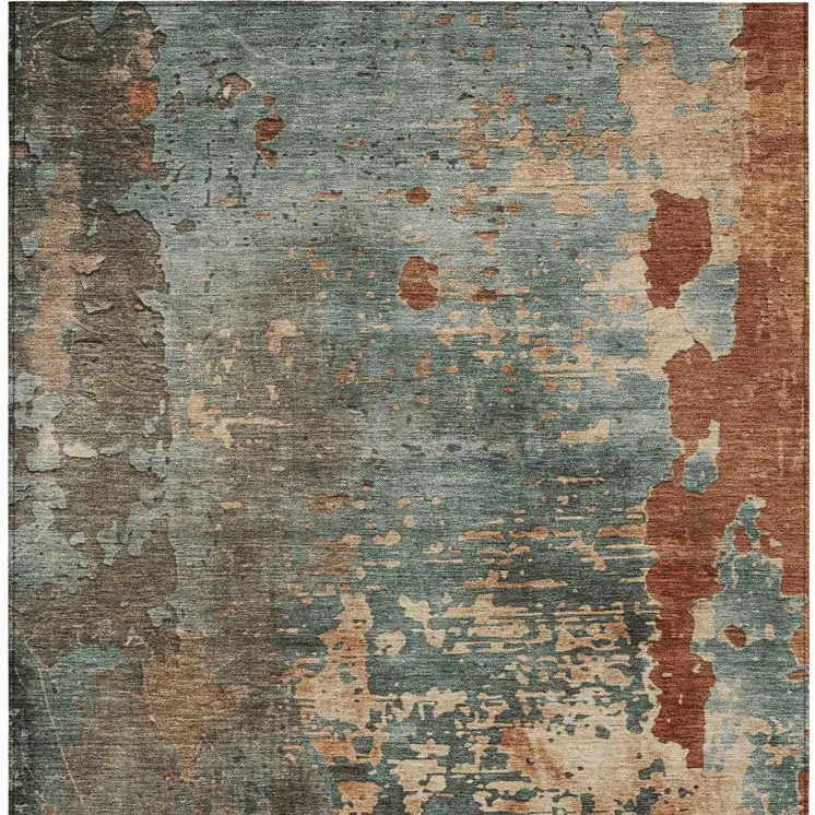3' X 5' Pale Aqua Copper And Beige Abstract Washable Indoor Outdoor Area Rug