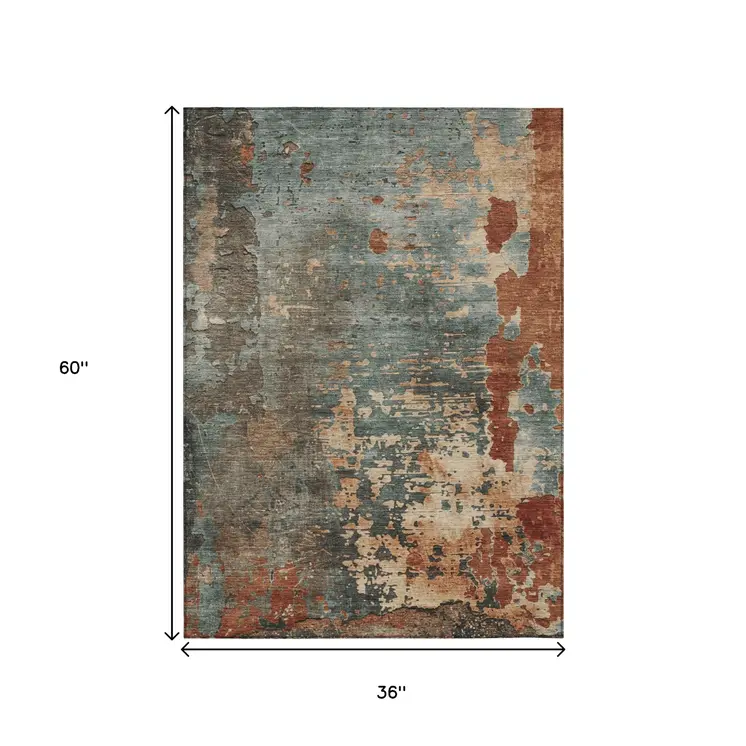 3' X 5' Pale Aqua Copper And Beige Abstract Washable Indoor Outdoor Area Rug